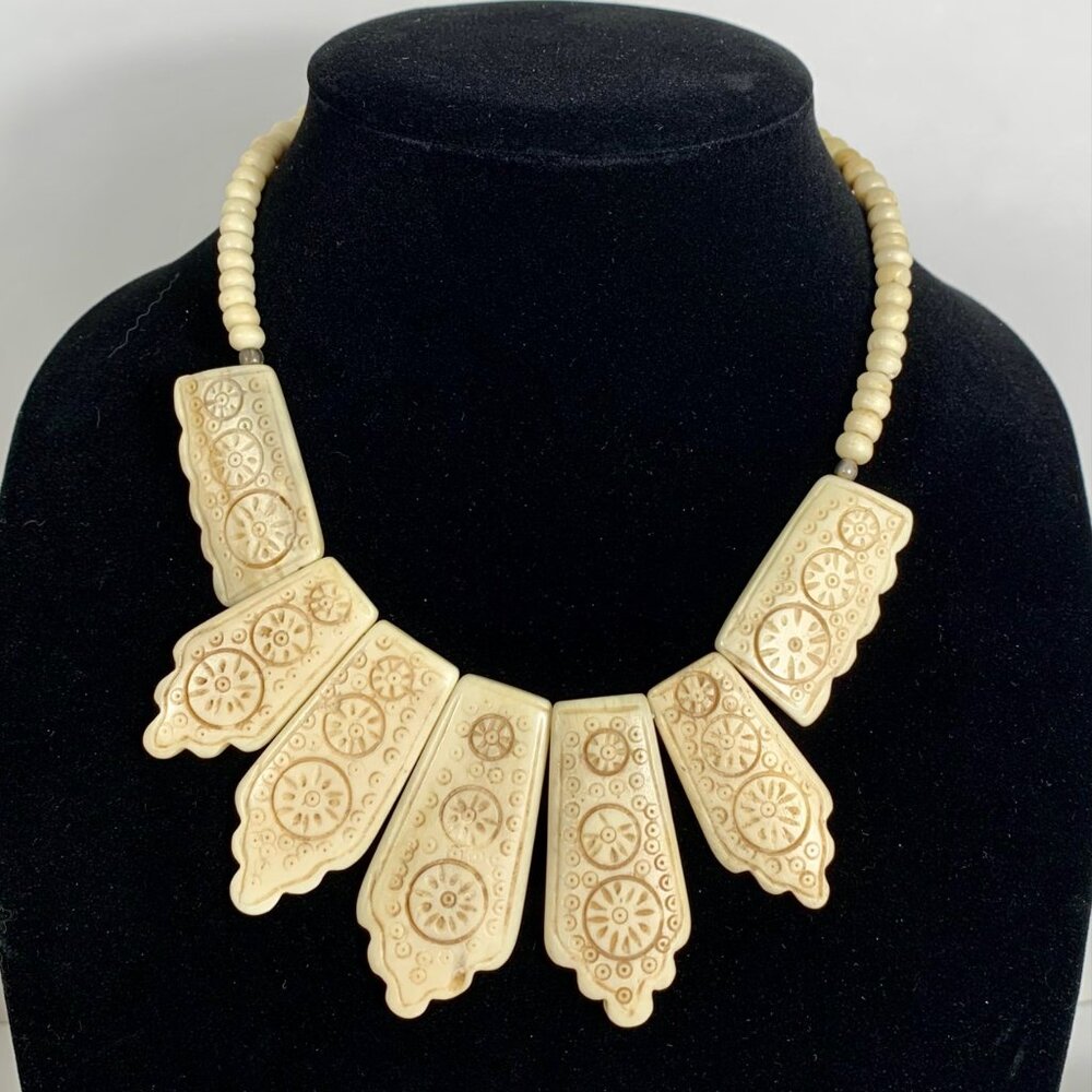 Yak Bone Nepalese Tibetan Necklace With Intricate Carved Panels & Metal Clasp